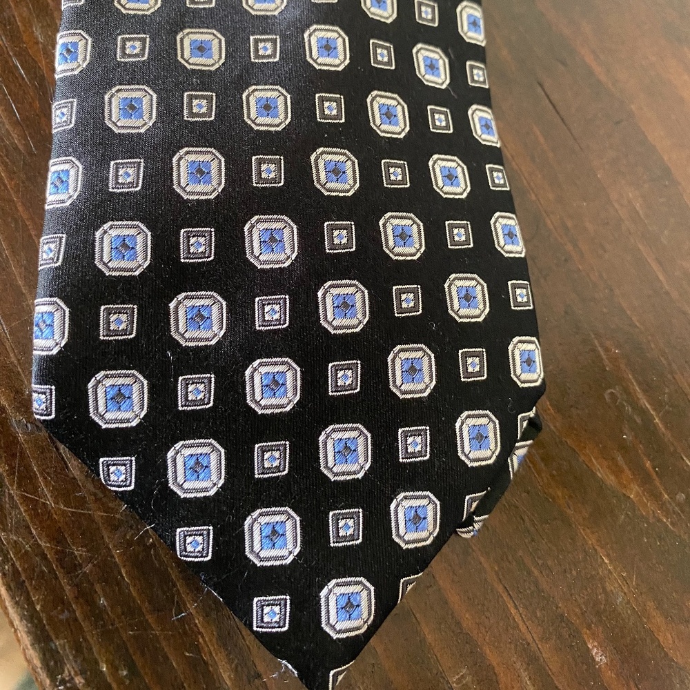 Donald J. Trump; silk necktie; black, white, blue, geometric